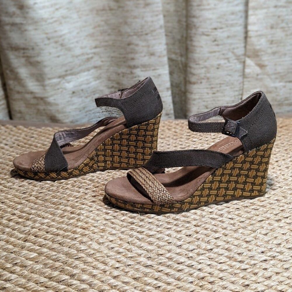Toms‎ Size 9 Brown & Green Clarissa Woven Wedge Espadrille Sandals Heels